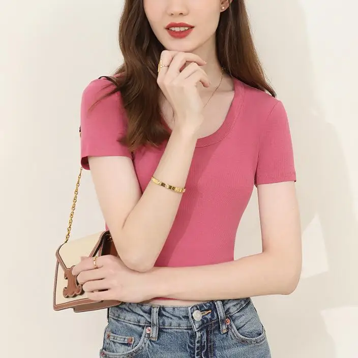 Wholesale Custom Casual Summer Short Sleeve Solid Color Black Slim Fit O-Neck Ribbed Oversized Crop Top T-Shirt For Women Cotton