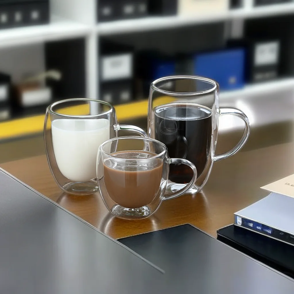 High Borosilicate Double Wall Glass Coffee Cup with Handle Glass mug for beer juice water wine drinking 250 350 450ml