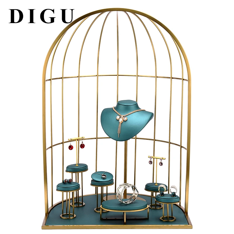 DIGU Metal+leather jewelry display stand set ring necklace ear stud earring pendant custom luxury jewelry display stand