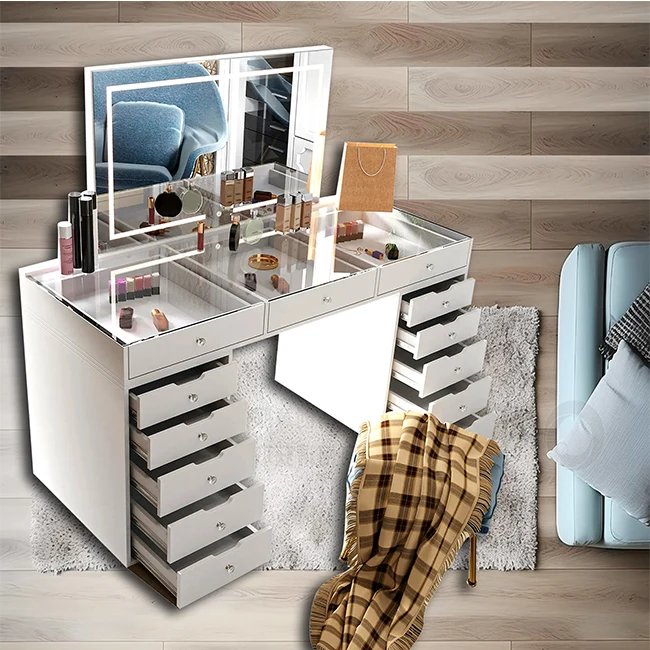 Modern Furniture Vanity Makeup Dresser One Set Design Metal Feet Bedroom Dressing Table with LED Mirror Wireless Charging