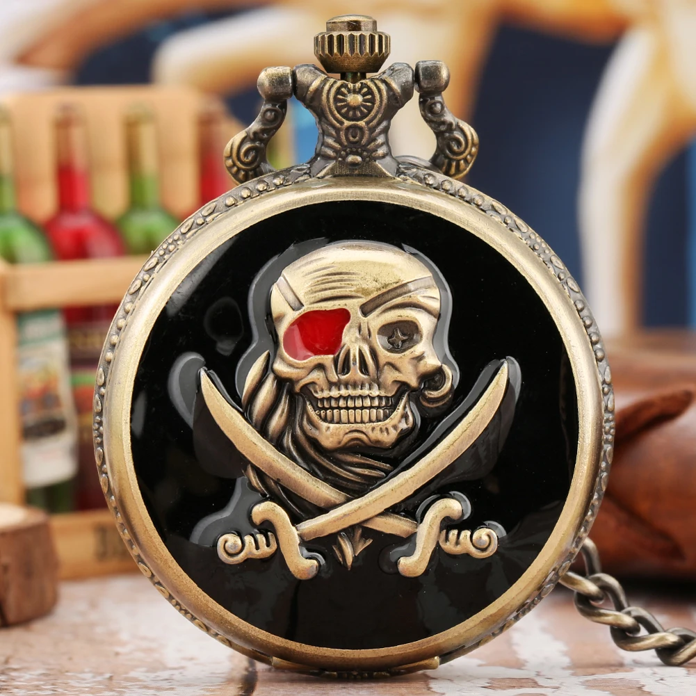 Vintage Steampunk Clock One-Eyed Pirate Skull Necklace Quartz Pocket Watch With Chain For Men