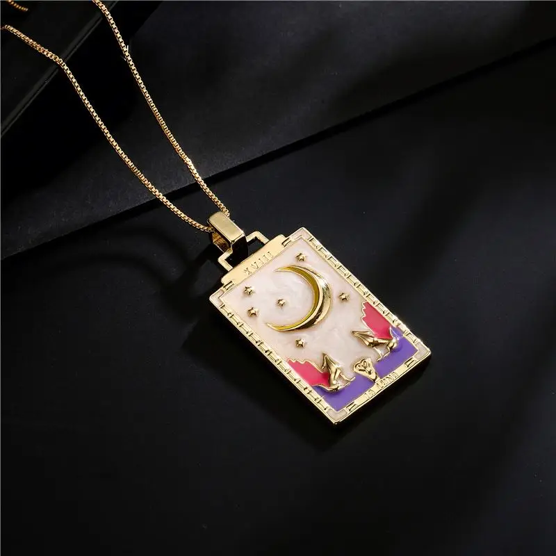 Factory Wholesale Tarot Card Gold Square Pendant Necklace oil painting Zodiac Horoscope Arcana Friendship Necklaces