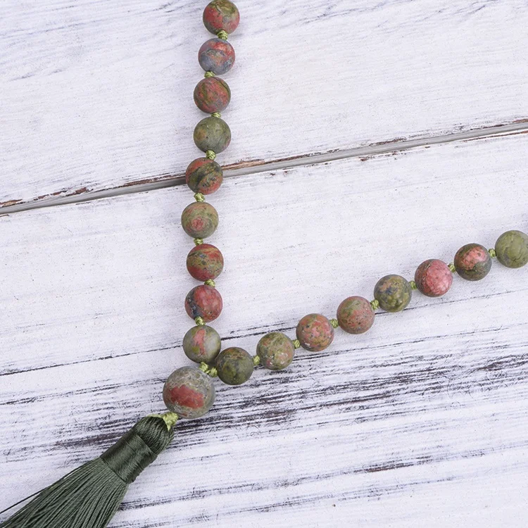 Handmade 108 mala Yoga Gemstone Long Tassel Necklace natural stone Unakite bead woman necklace Handmade 108 Mala Yoga Gemstone