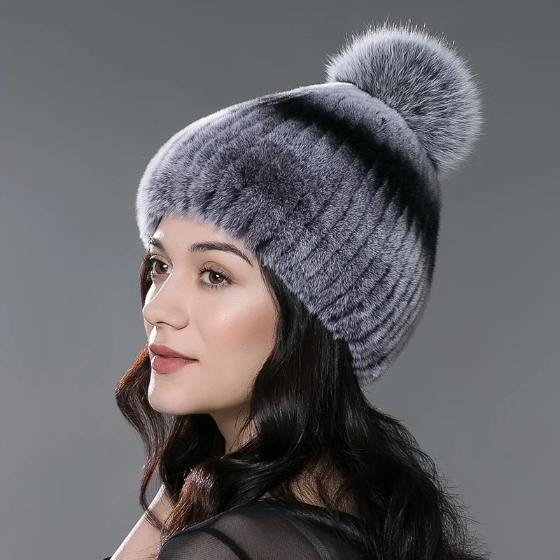 Real Rabbit Fur Hat Female Thick Warm Winter Hats For Women Fashion Luxury Knitted Beanie with Fur Pompom