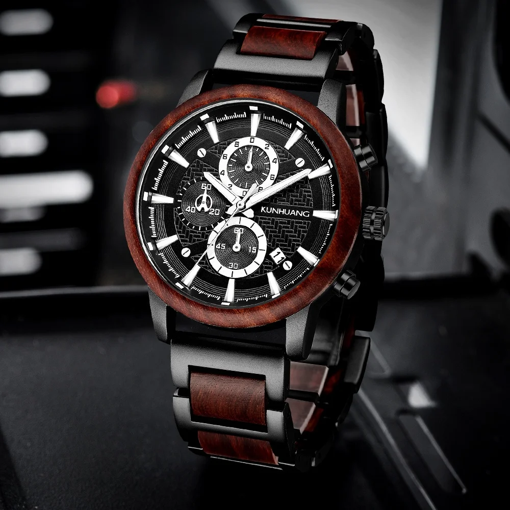 Dropshipping Popular Reloj Hombre Wristwatch Natural Zebra Walnut Rosewood Metal and Chronograph Wooden Quartz watch for Men
