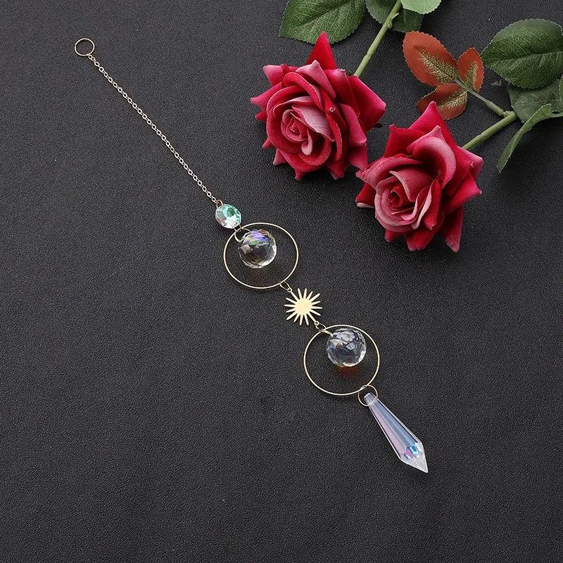 Wholesale Hanging Crystal Moon and Stars Sun Catcher Wind Chimes Gold Brass Glass Suncatchers For Window Decor