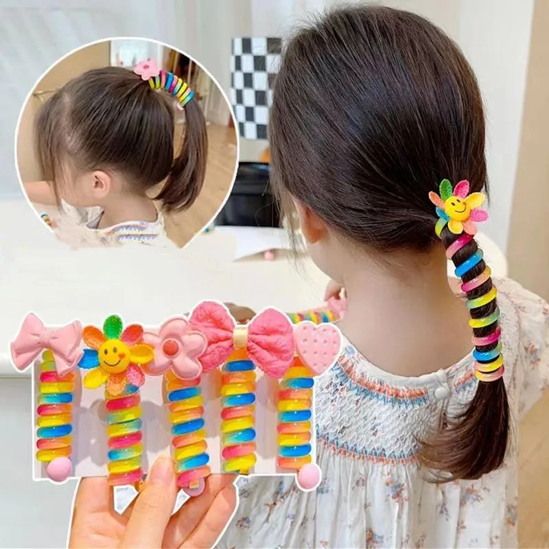 Kids Curly Phone Line Elastic Rainbow Hair Ties For Kid High Ponytail Non-damaging Cute Hair Rubber Band Kids Hair Accessories