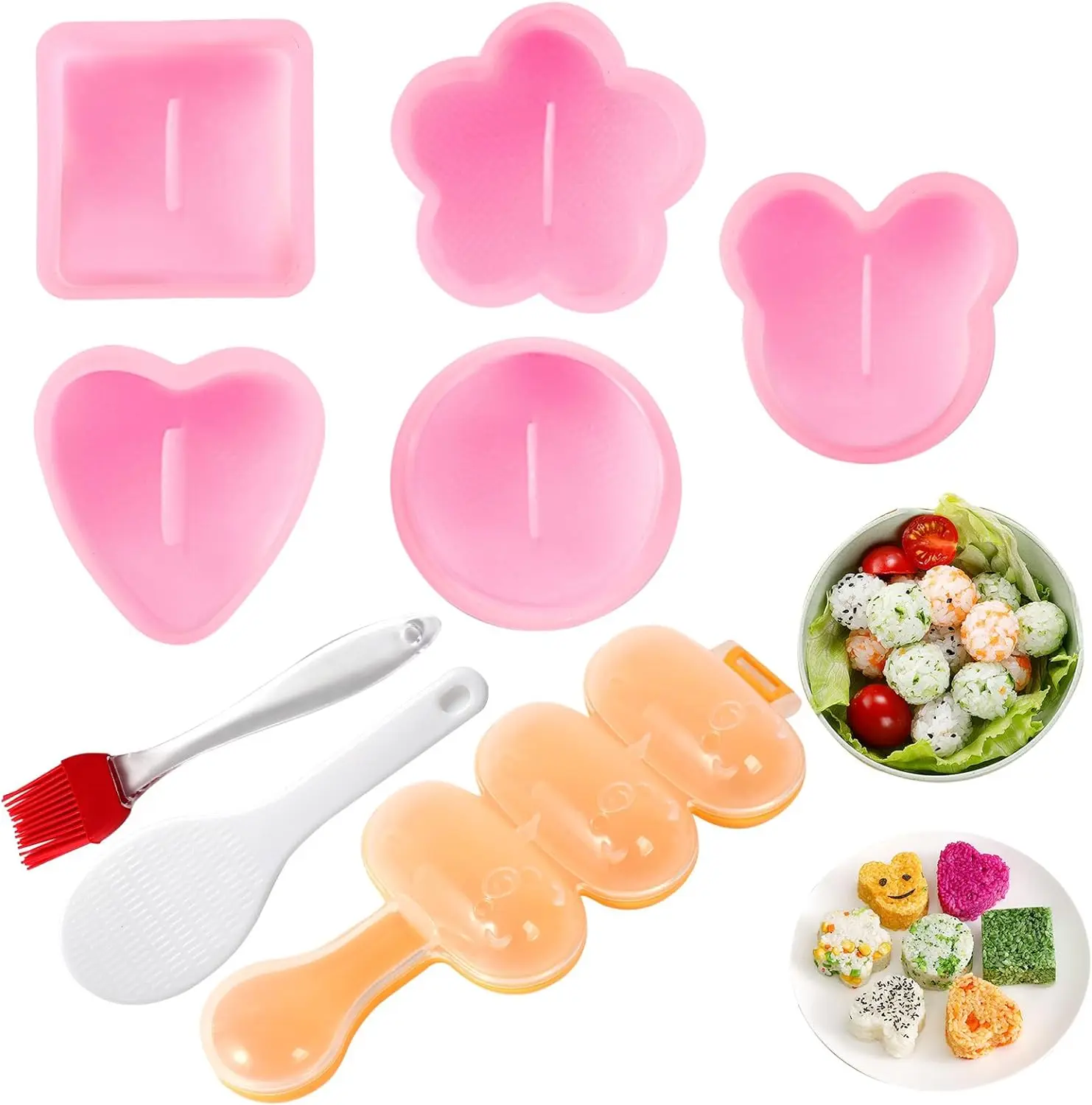 Onigiri Maker Mold Sushi Onigir Mold Kit Rice Ball Mold Shake Small Rice Paddle Brush for Kitchen Pink