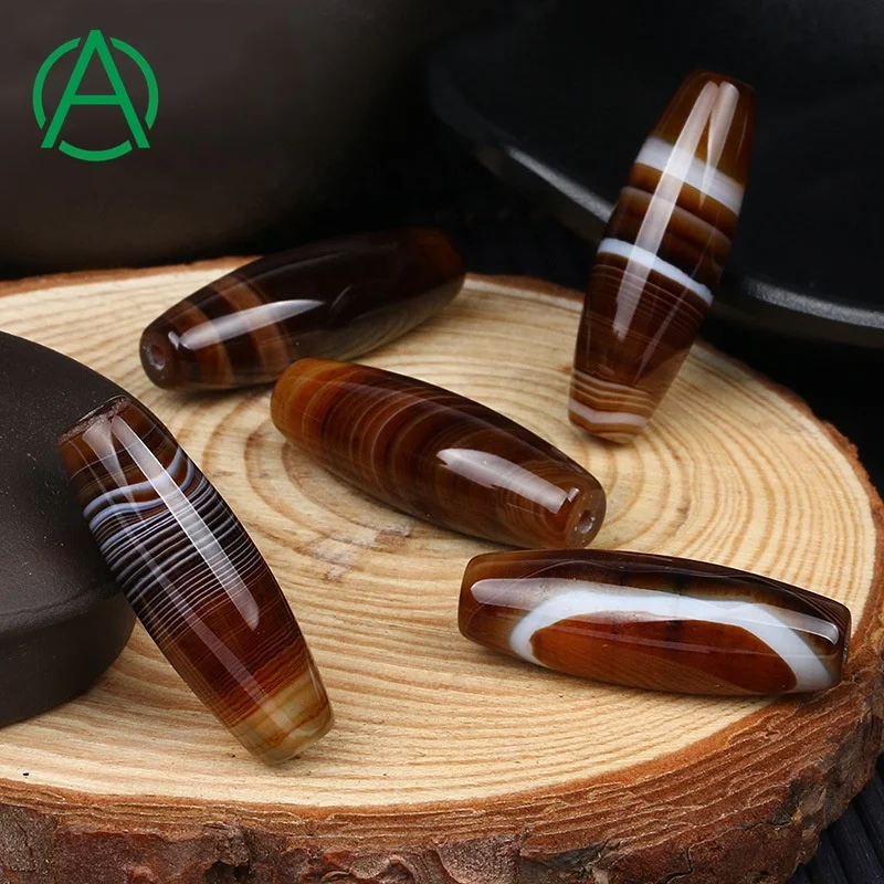 Arthurgem Brown Banded Agate Barrel Rice Focal Loose Beads Tibetan Dzi Agate Beads Striped Agate Stone Beads Natural 150 Pieces