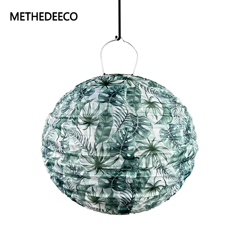 Methedeeco Customize Printing  Green  Leaf Fabric Solar Wall Lamp Outdoor Green Lantern