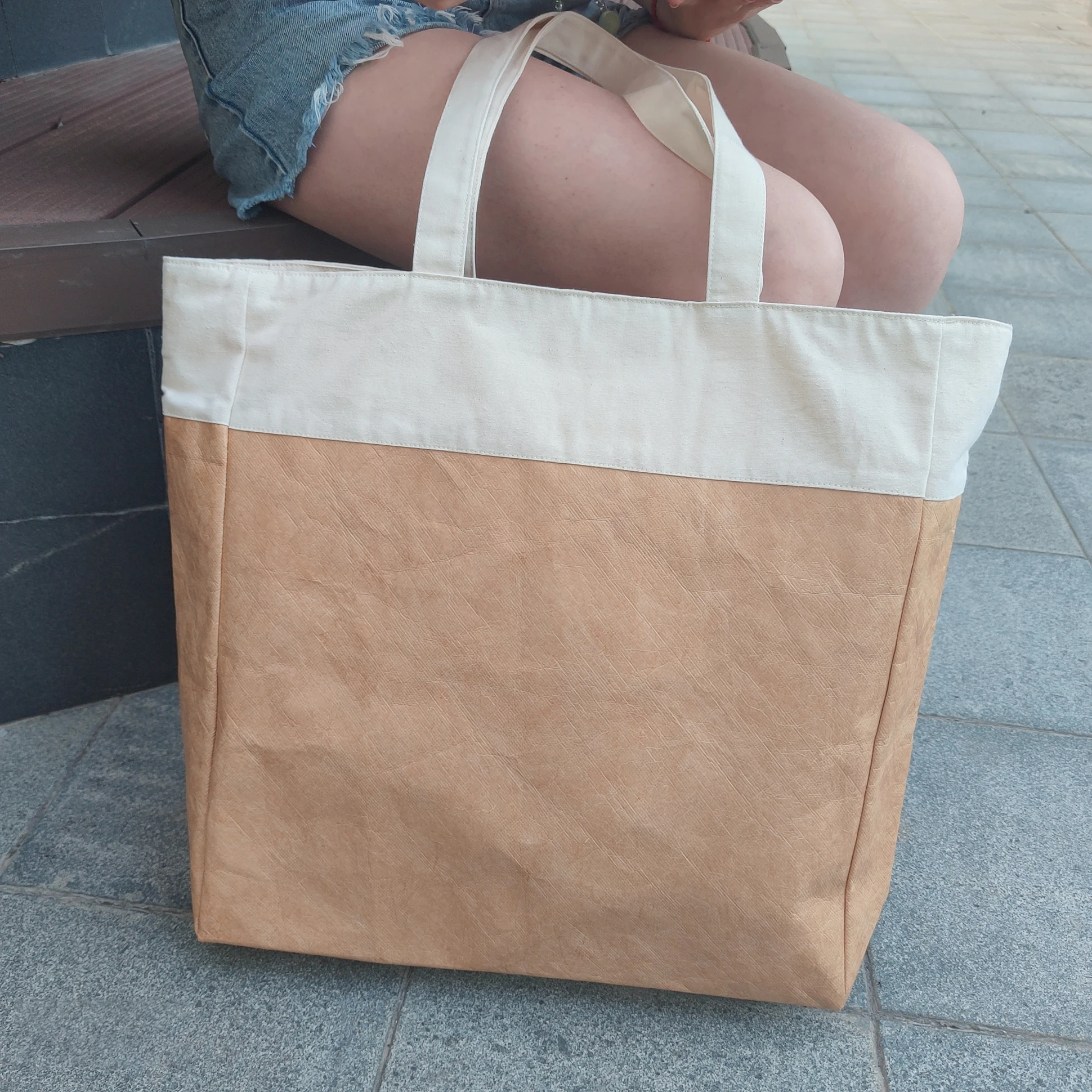 Custom Logo Waterproof Tyvek Tote Shopping Bag Combined With Cotton Canvas Handles High Quality Washable Paper Tyvek Bag