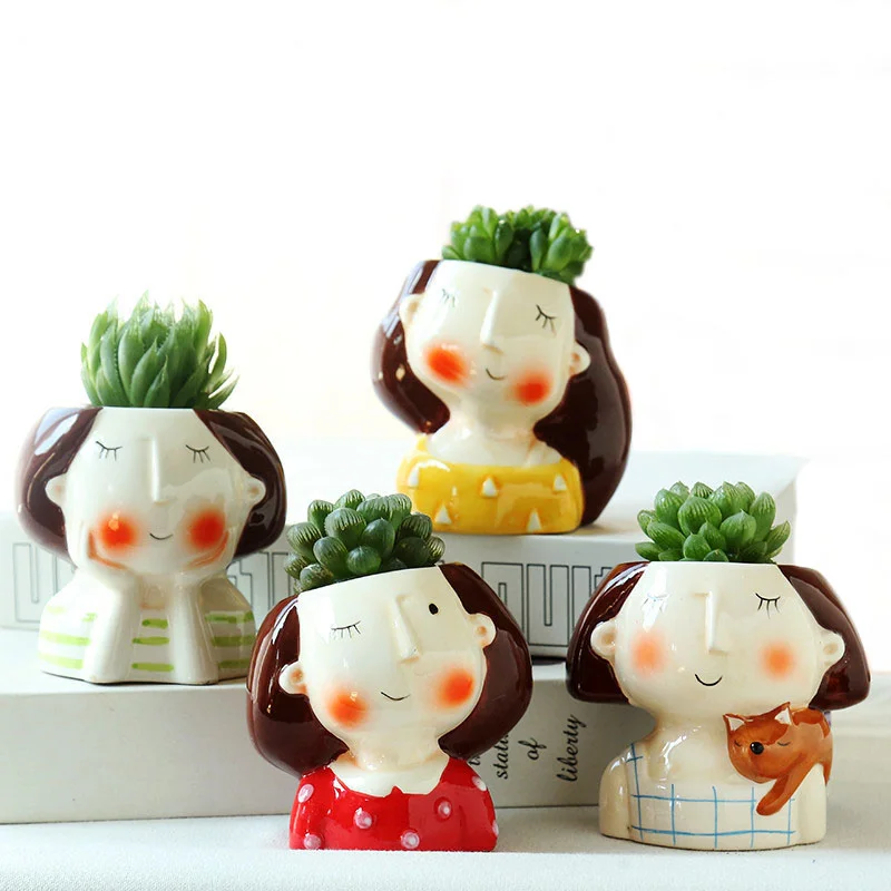 Cute  Human Girl Ceramic Flower Pot For Succulents Cactus Plants Mini Pot Planter Home Garden Decoration