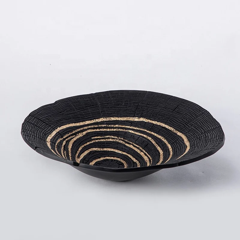 New Chinese Style Gold Stripes Black Resin Imitated Wood Grain Fruit Bowl Service Tray Interior Home Decor Ornament