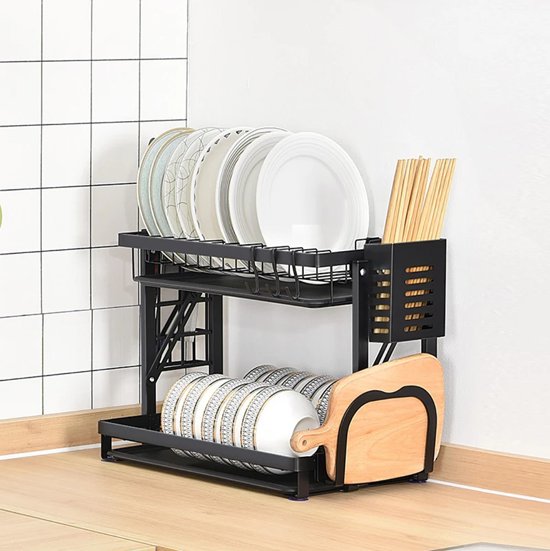 WIREKING Kitchen 2 Tier Dish Rack Easy Assembly Folding Design Plastic Knife Fork Spoon Storage Holder