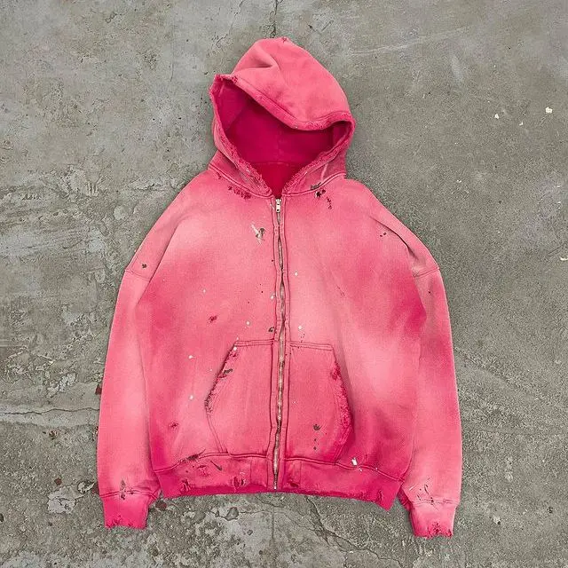 Customs 100% Cotton Heavyweight Acid Wash Vintage French Terry Distressed Pink Sun Faded Zip Up Hoodie