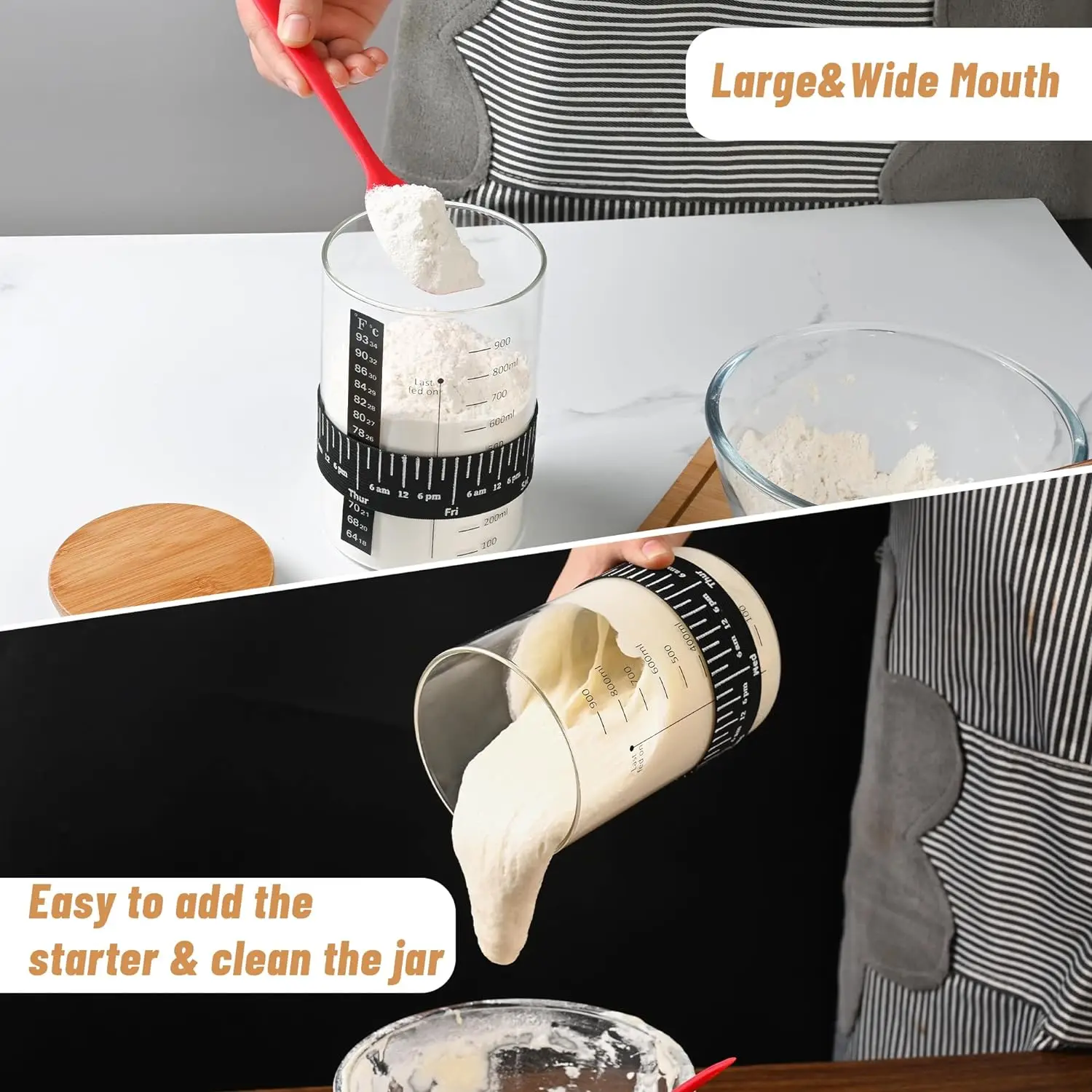 Sourdough Starter Jar Kit- 35 Oz Large Sourdough Starter Glass Jar with Date Marked Feeding Band Thermometer Spatula Cloth Cover