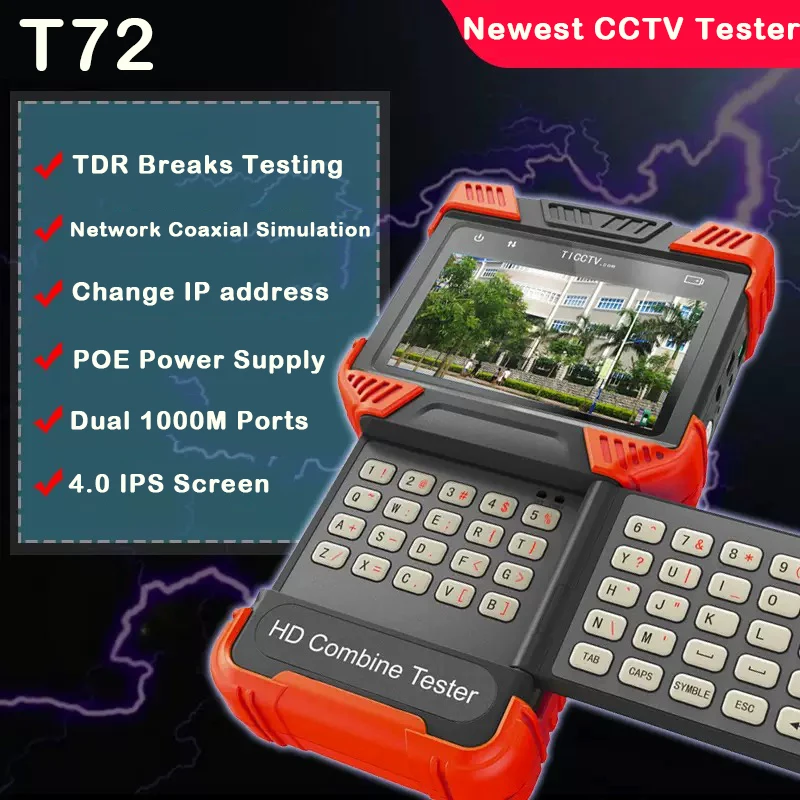 T72 Flip CCTV Tester 4 Inches IPS Camera Monitor TDR Cable Breakpoint Testing 6000mAh POE LED Light Video Surveillance