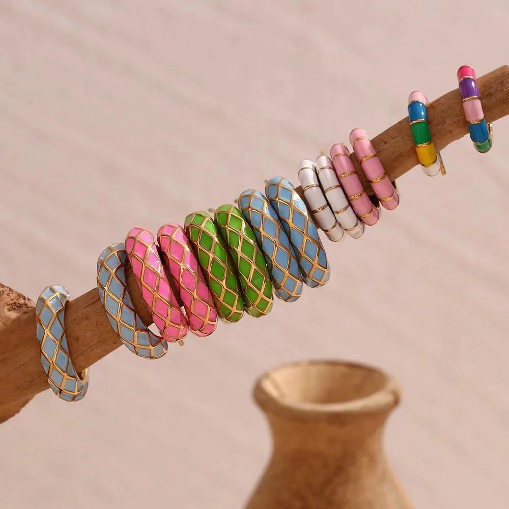 Fashion Jewelry Stainless steel C Shape Hoop Earrings Colorful Drip Oil Vintage waterproof non tarnish earrings
