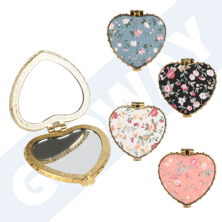 Vintage Antique Luxury Heart-Shaped Cute Cloth Cover Small Pocket Folding Portable Travel Gift Double Side Makeup Mirror