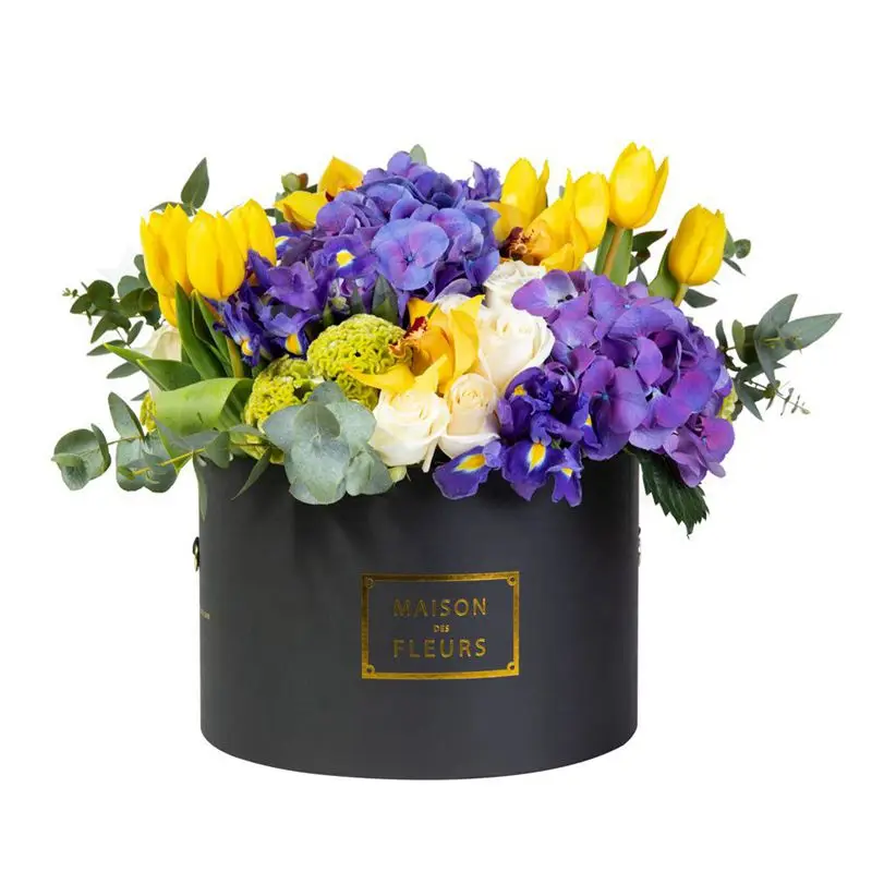 Luxury Gold Foil Roses Flower Packing Box Custom Logo Round Black Cylinder Flower Packaging Boxes For Gifts