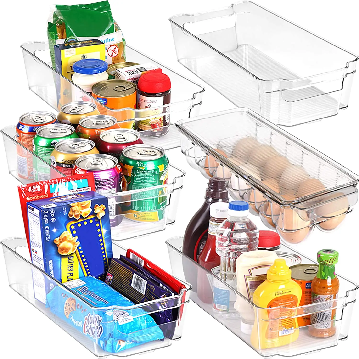 Set of 6 BPA Clear refrigerator Pantry Organizers  (5 Drawers & 1 Egg storage container) Storage Racks with handles