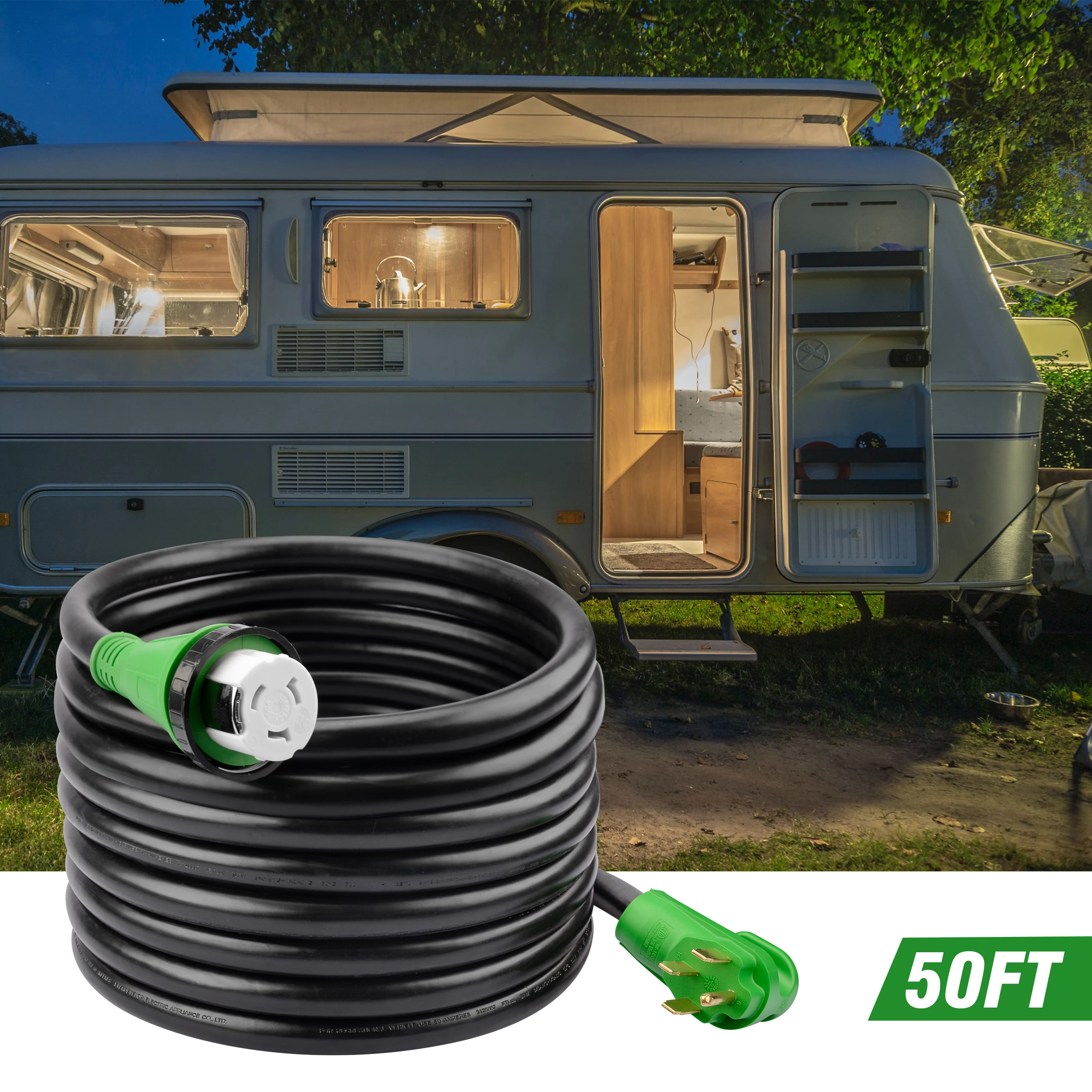 J521 50 Amp 50 Feet RV Power Extension Cord Heavy Duty STW Wire with LED Light NEMA 14-50P to SS2-50R Locking Connector Green