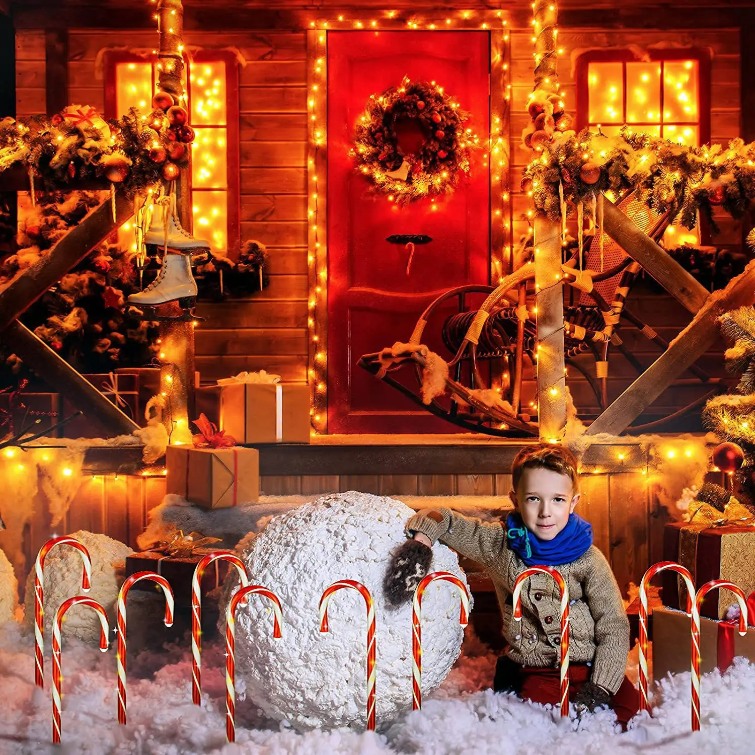 5 in 1 Christmas Candy Cane Pathway Markers, 37cm Xmas Candy Cane Stake Lights Outdoor for Walkway Garden Lawn Holiday Decor