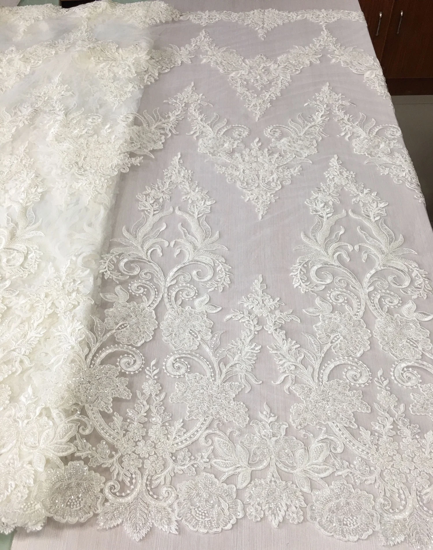 high quality machine beaded embroidered bridal lace fabric luxury embroidery beads sequins dress fabric
