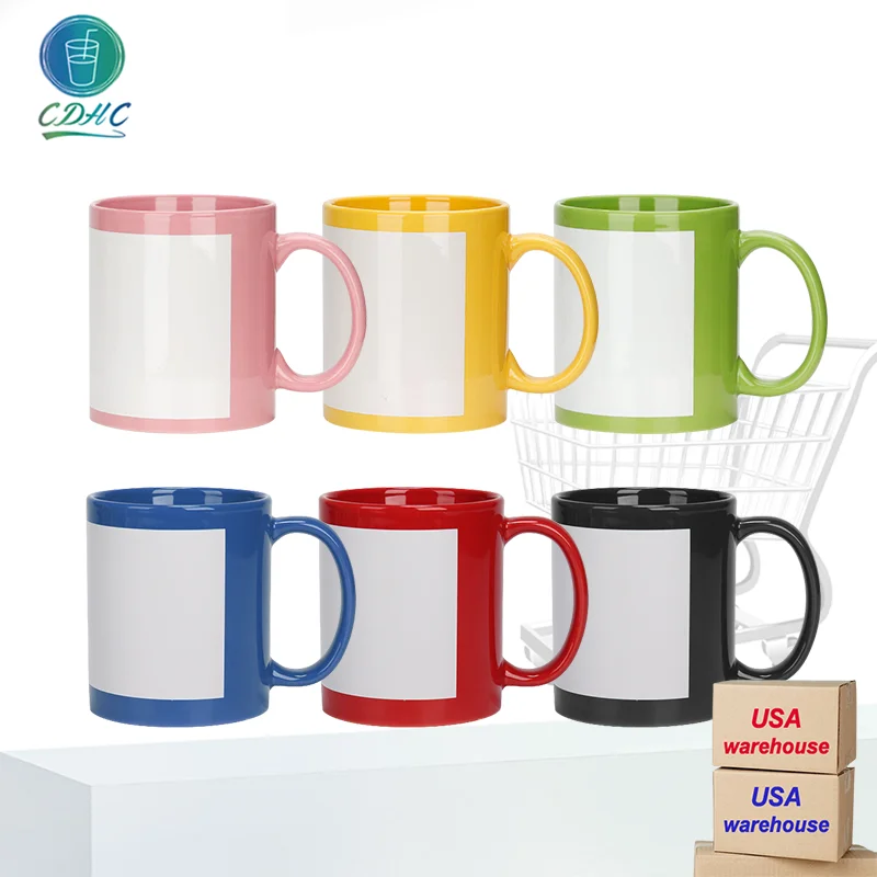 China Warehouse inner colors 11oz ceramic mug with white patch black Full color sublimation