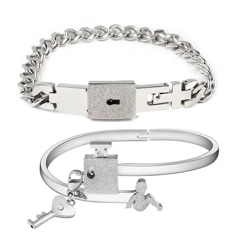 Stainless Steel Jewelry Couple Lover Heart Lock And Key Bracelet Necklace