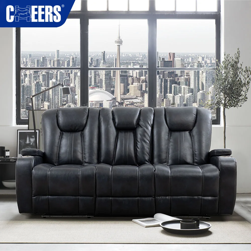 MANWAH CHEERS Electric Fabric 3+2+1 Recliner Sofa Set With Led Light and Storage Box Cup Holder