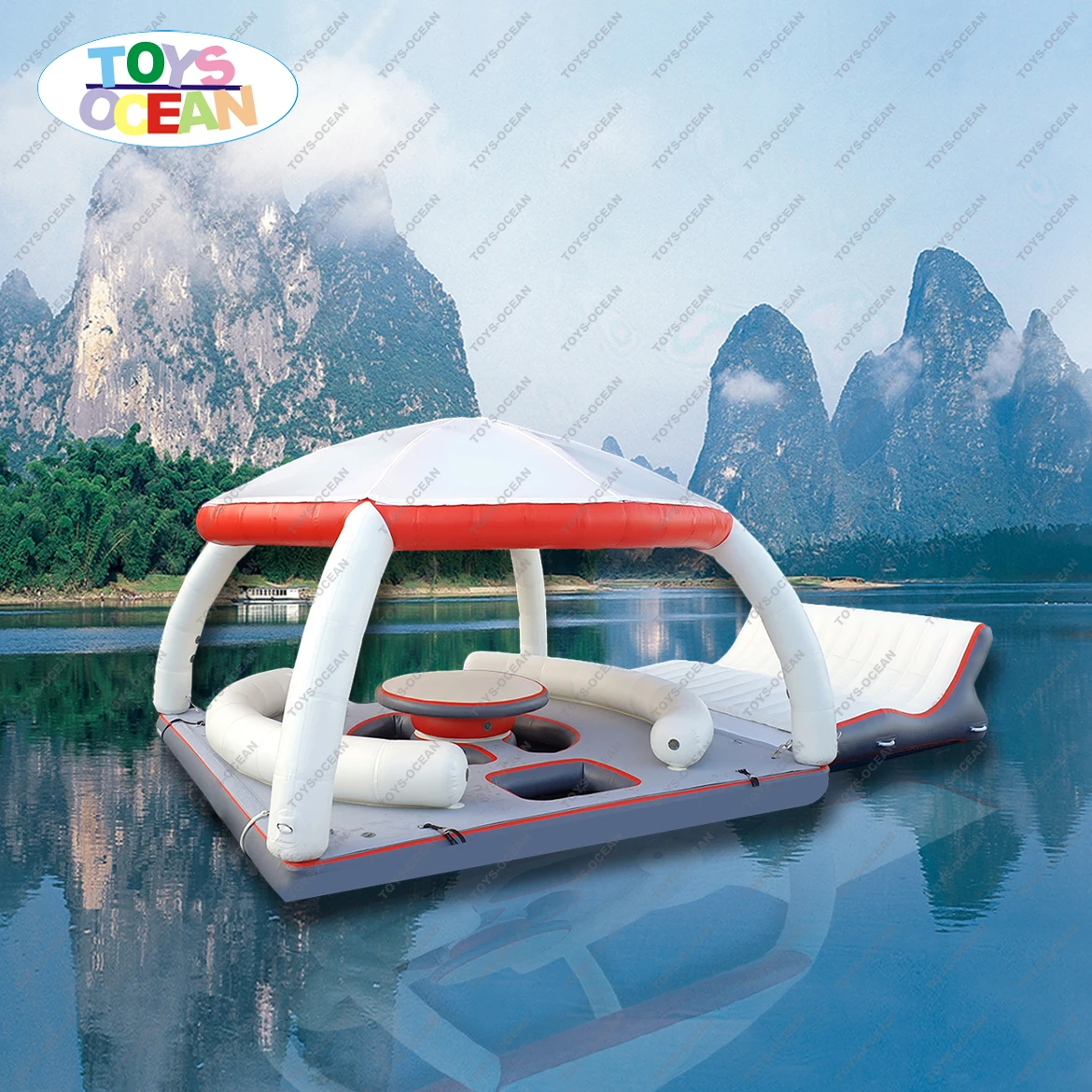 
2021 new inflatable water leisure platform with tent water amusement equipment floating island 