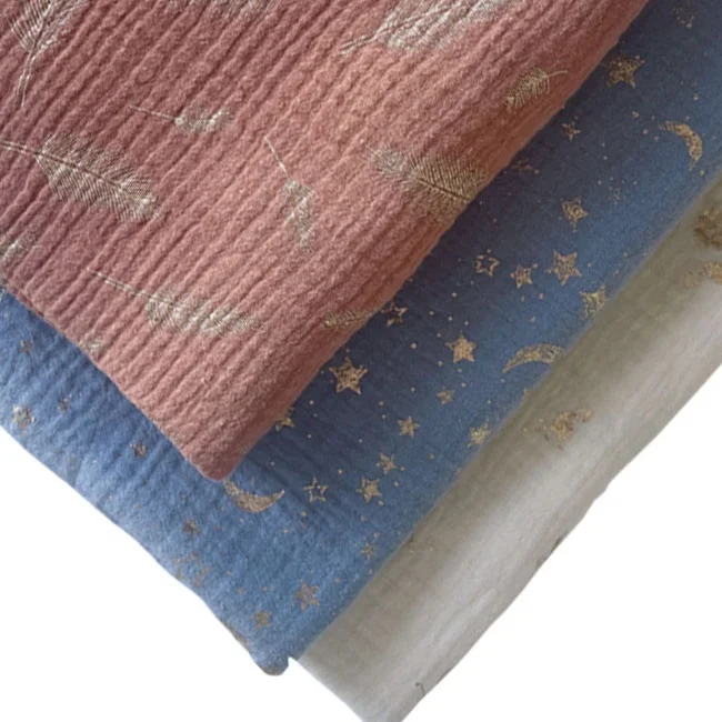 custom any design glitter gilding New Style Double Cotton crinkle Gauze Muslin Printed Fabric for Pants & Shorts