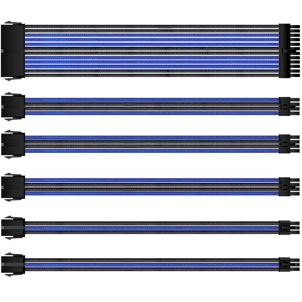 Удлинитель кабеля 18AWG 30 см ATX 1*24pin,1 * CPU4 + 4p,2 * PCI-E 6 + 2p,2 * PCI-E 6p для ПК, комплект удлинителей кабеля Черного и синего цвета