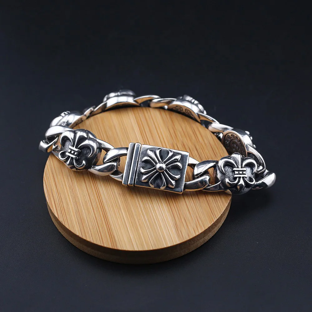 Классический тайский серебряный однотонный браслет винтажный крест шармы хип-хоп ювелирные изделия подарки бордюрный браслет