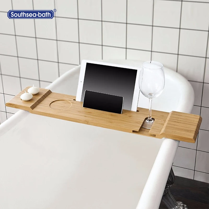 Новый дизайн под заказ, современный бамбуковый поднос для ванны с подставкой для телефона и стеклянным подсвечником, полка для ванной комнаты
