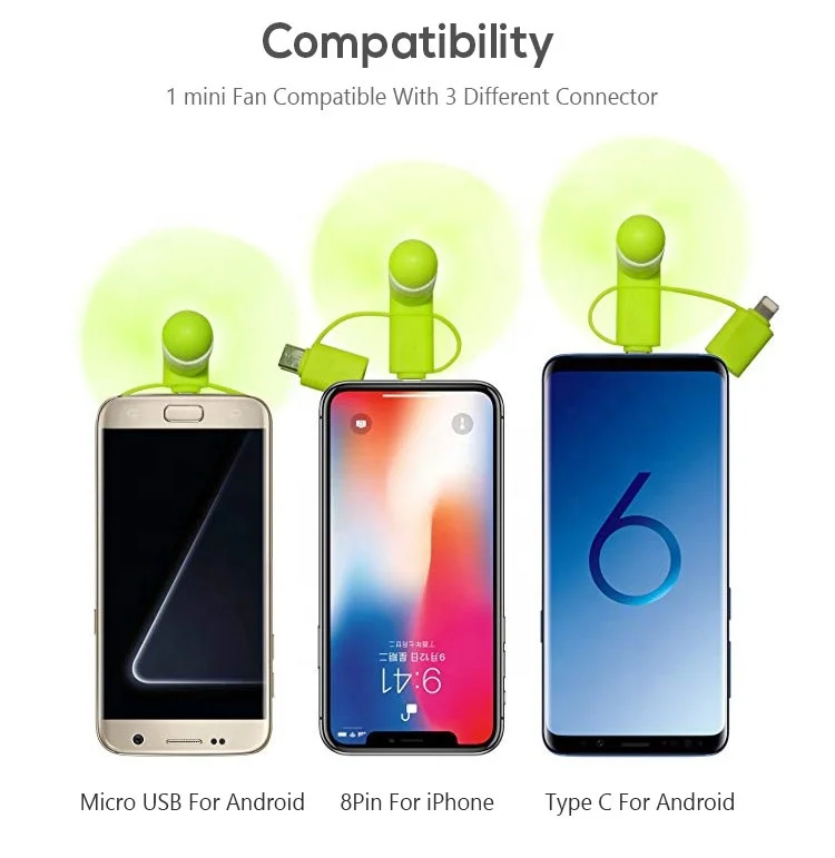 2020 Universal 3 in 1 for 8 Pin for Lighting for type C for micro usb Portable Charge Custom Logo Mini Smart Cell Phone USB Fan