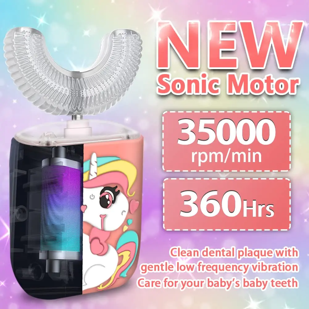 Unicorn Age 2-12 Waterproof Ultra Sonic 6 Brush Cleaning Modes 360 Degree U Shape Electric Toothbrush For Kids With Smart Timer