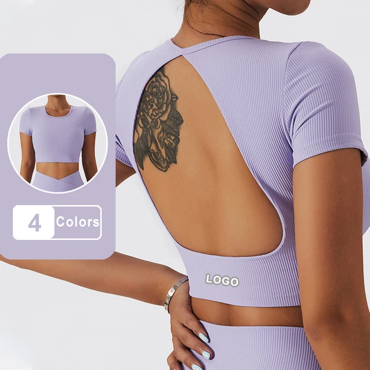 Custom Logo Sportswear Solid Fitness Sports Crop Tops Ribbed Sexy Backless Yoga T Shirt Padded Women Tee Tops