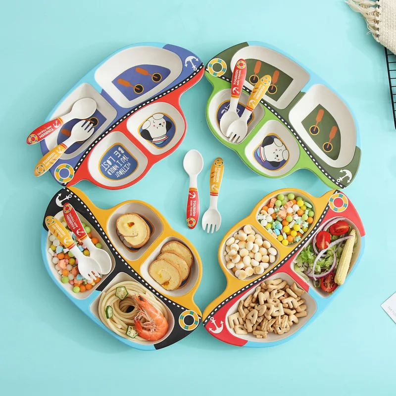 3pcs bamboo fiber Creative sailing boat baby split plate three-piece rice bowl set