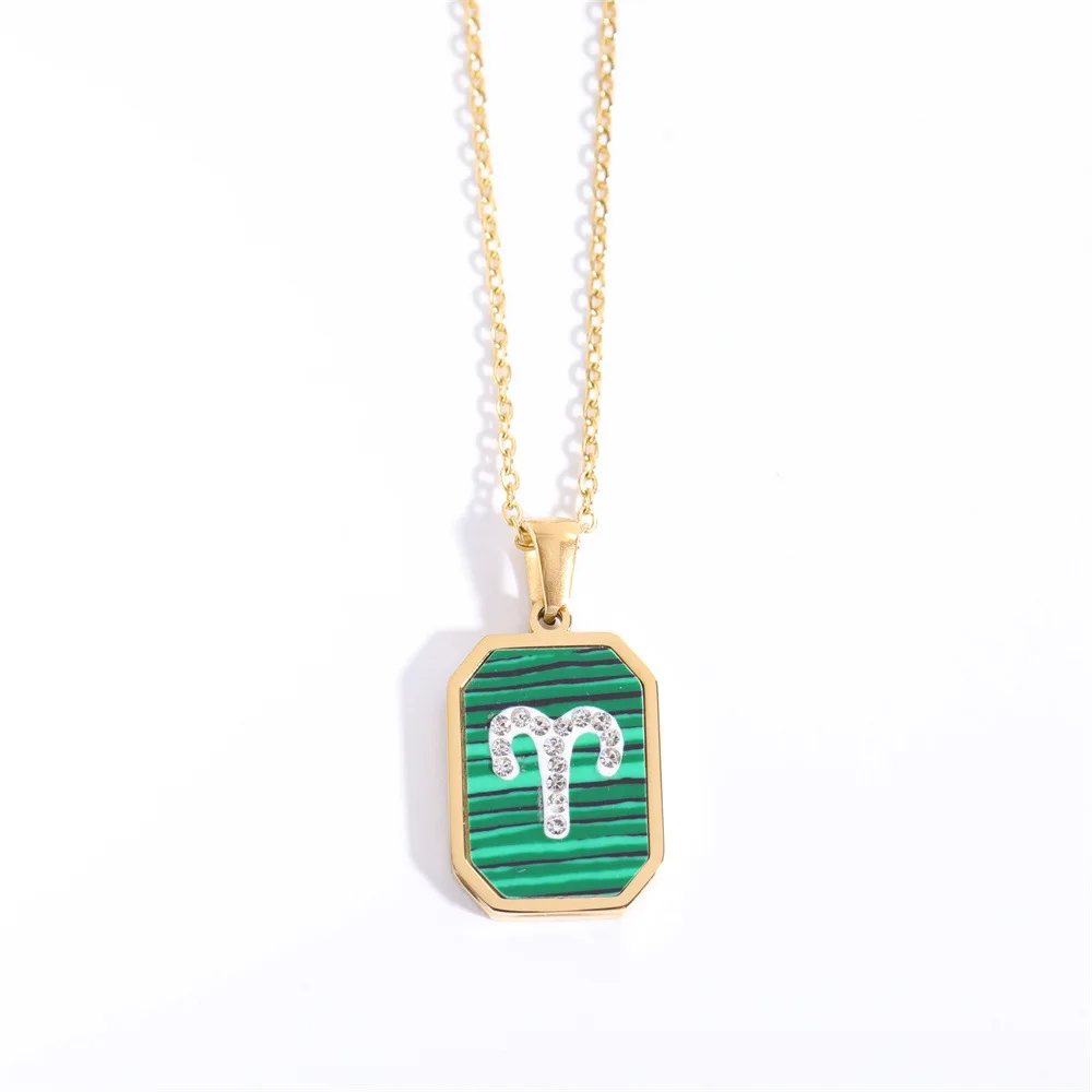 New Style Green Malachite Zircon Stone Necklace 18k Gold Plated Women Square Horoscope Zodiac Necklace