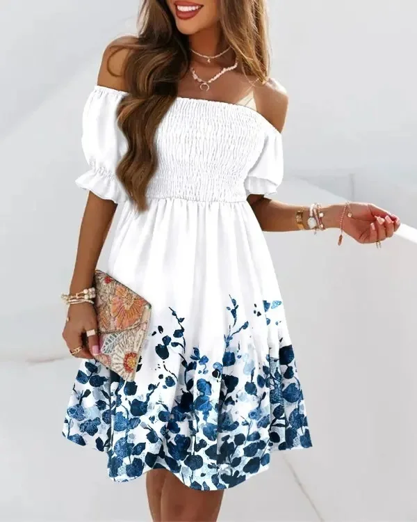 S-3XL Wholesale temperament short-sleeved pleated paneled print summer off shoulder party dresses women hawaiian prom dress