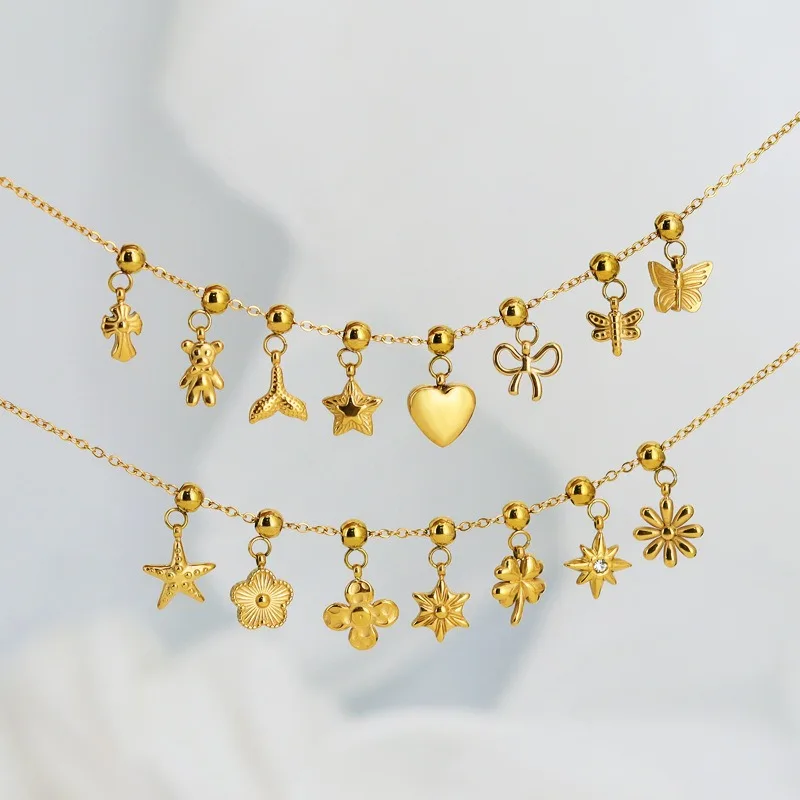 Gold Plated Stainless Steel Flower Butterfly Star Shapes Pendant Bear Charm Sunflowers Heart Necklace Pendant DIY Charm