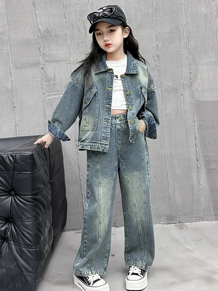 New Design Spring Autumn Girls Cowboy Sets Fashion Lapel Cowboy Coat Wide Leg Pants Sets