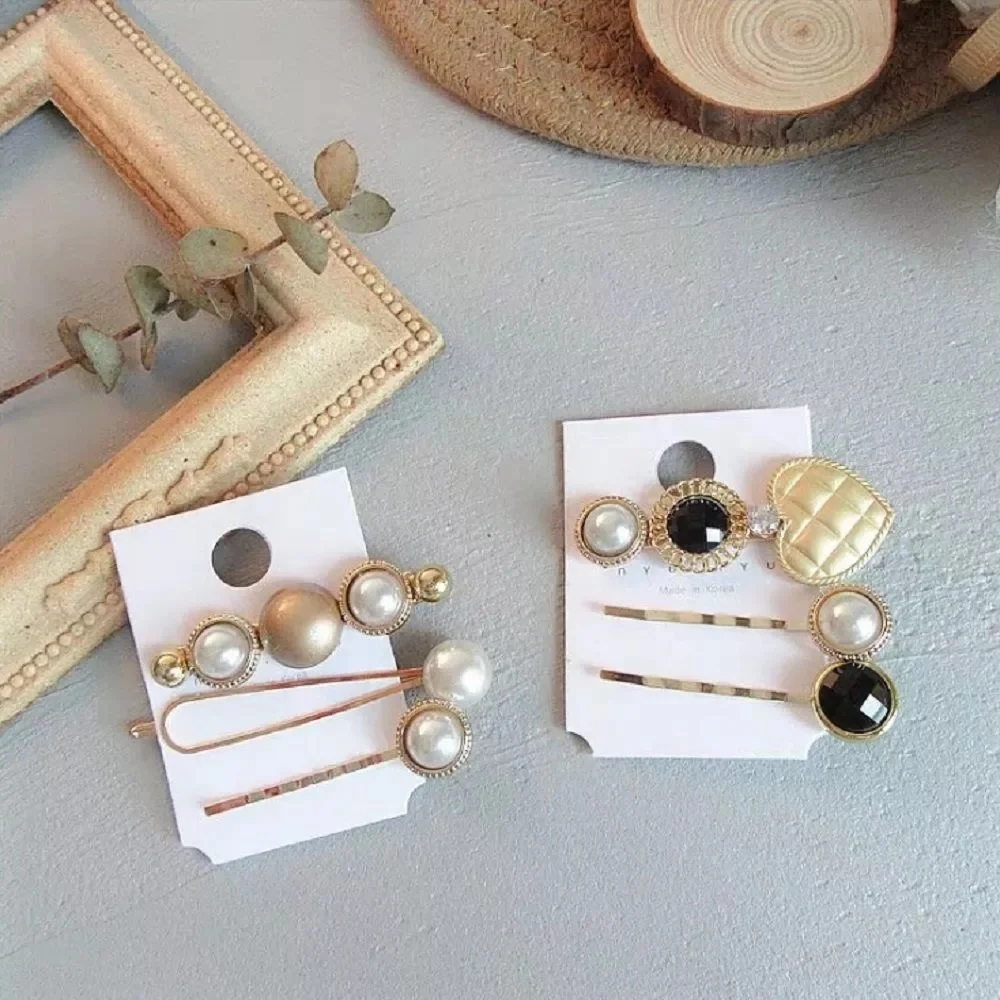 3pcs/1Set Fashion Button Pearl Hair Clips Metal Heart Star Crystal Hair Accessories