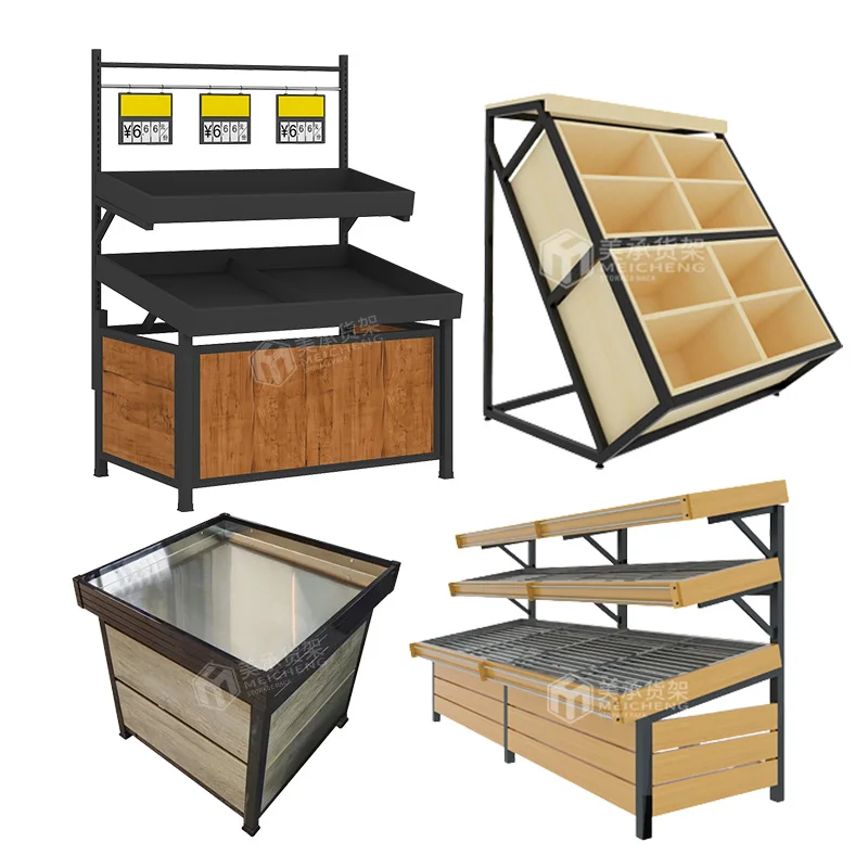 Meicheng Shop Racks Wooden Vegetable Stand Supermarket Steel Wood Fruit Vegetable Display Stand