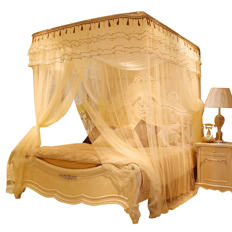 Embroidery Lace Pleated Luxury Mosquito Tent Mesh Square Romantic Princess Queen Size Double Bed Net Canopy Mosquito Net for Bed