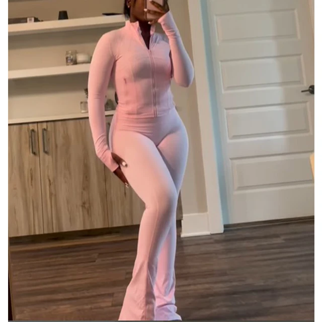 Gym Wear for Women 2 Piece Set Zip Up Active Jacket Nylon Elastane Leggings Flared Pants Yoga Sets For Women