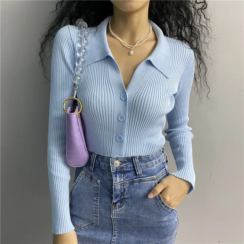 Korea Retro Sweater Tops 2021 Autumn Single-Breasted Polo Collar Knitted Shirts Female Long Sleeve Striped Solid Crop Top White