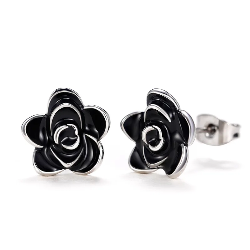 CAOSHI Trendy 3 Colors Women Fashion Black and White Rose Gold Vintage Oil Enamel Flower Earring Stud Earrings Wedding